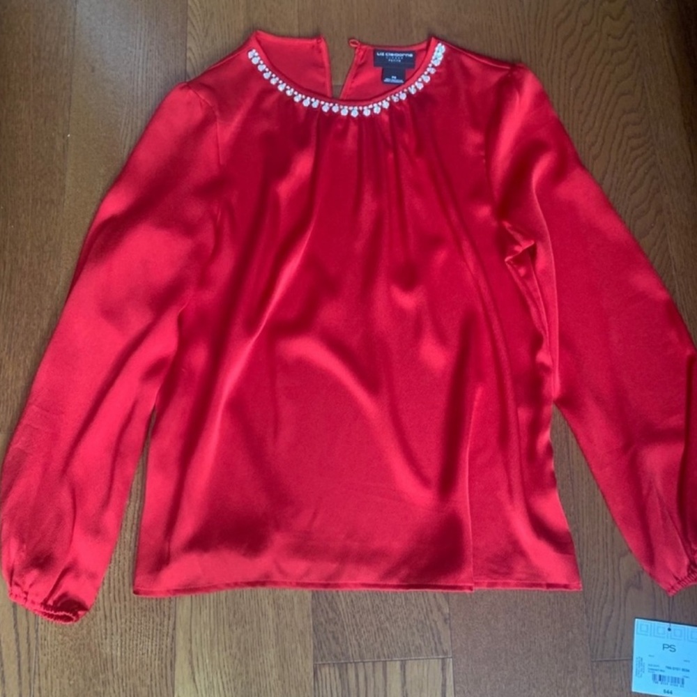 silky red long sleeve blouse w rhinestone neck detail